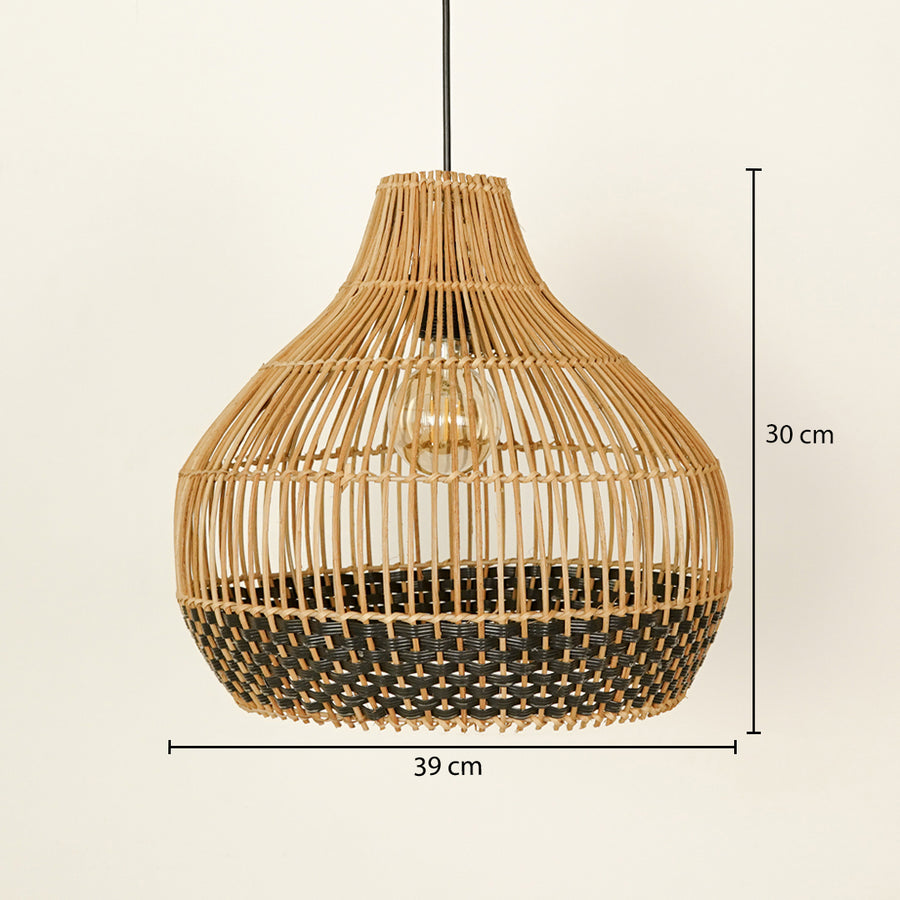 Natural and black rattan pendant light with 35 cm width and 43 cm height for elegant ceiling placement.
