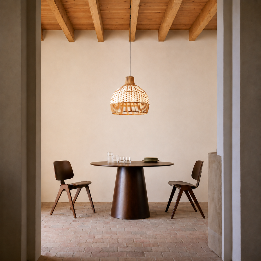 A warm, minimalist dining room scene featuring a round dark wood table, two matching wooden chairs, and a woven wicker pendant light hanging from a wooden ceiling.