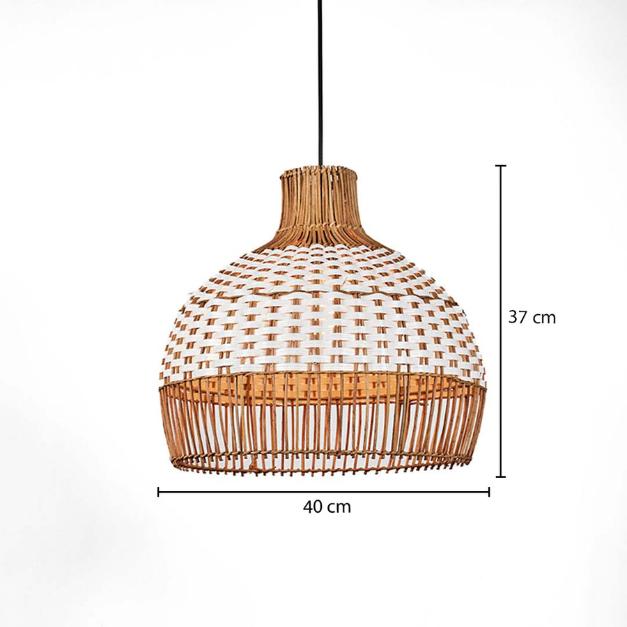 Dimension image of natural brown rattan bell pendant light with white woven pattern showing 37 cm height and 40 cm width.