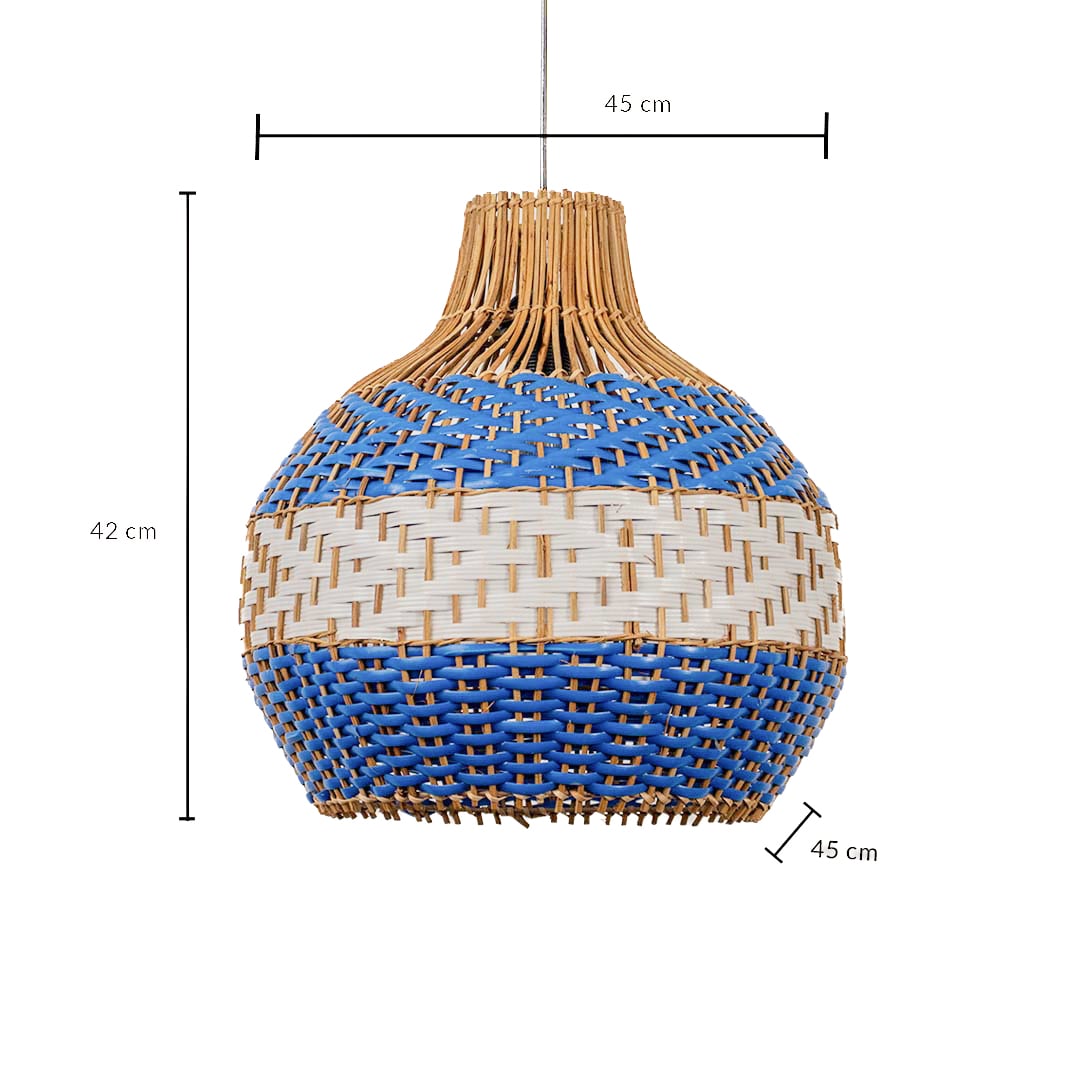 Dimension image of blue and white striped natural brown rattan bell pendant light showing 42 cm height and 45 cm width.