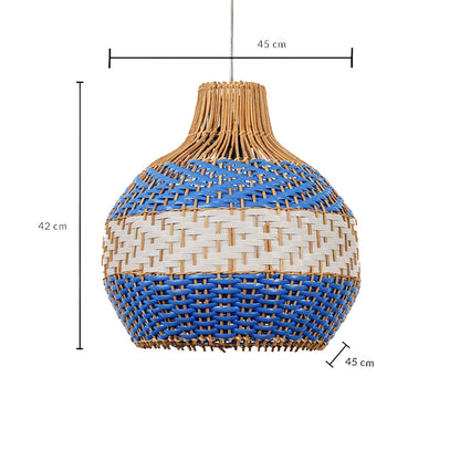 Dimension image of blue and white striped natural brown rattan bell pendant light showing 42 cm height and 45 cm width.