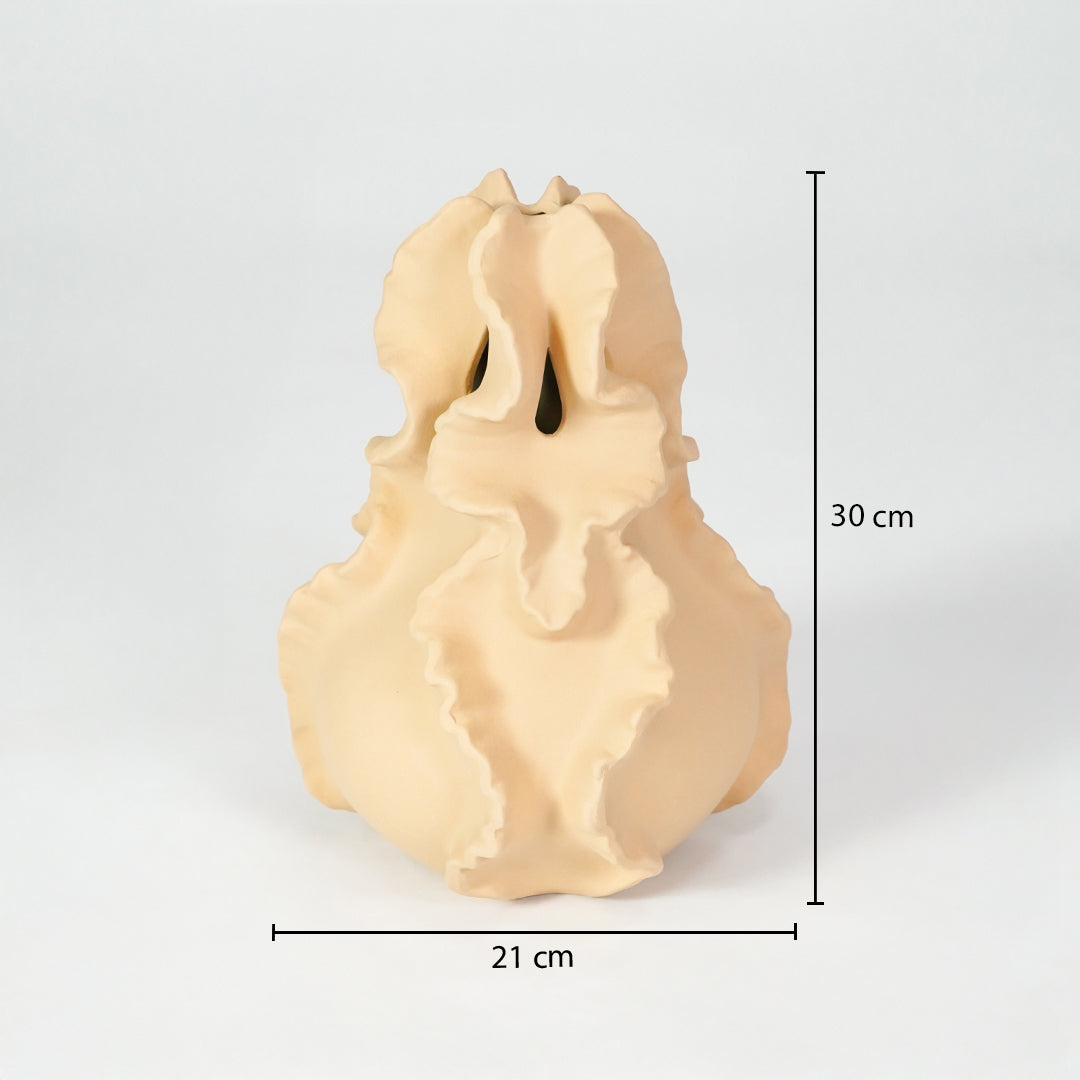 Cream abstract ceramic sculpture dimension image with 30 cm height and 21 cm width for modern decor.