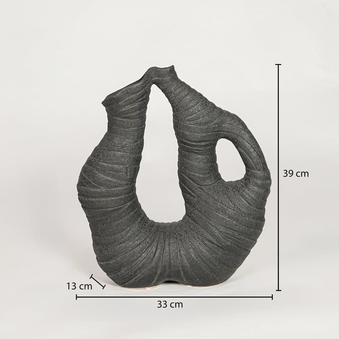 Dimension image of a textured charcoal black ceramic arch sculpture vase with open cutouts showing 39 cm height and 33 cm width.