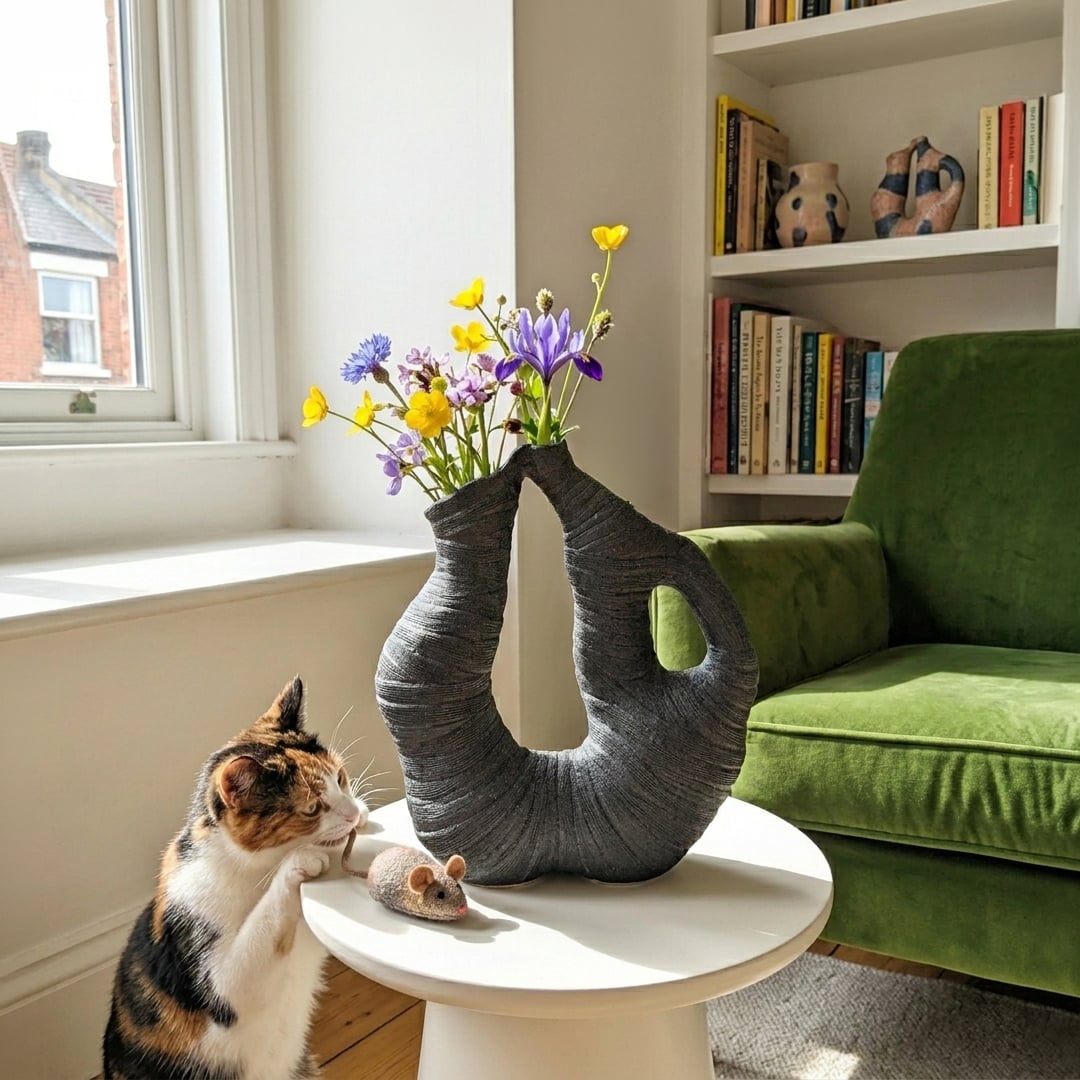 Artistic black sculptural vase with flowers on small table for creative home decor and cozy modern interior living space.
