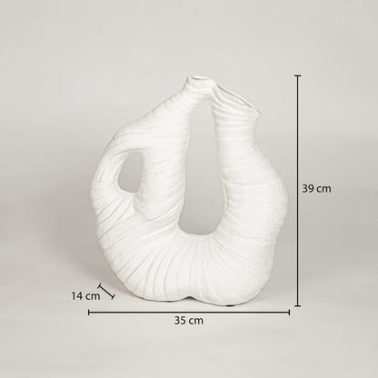 White ceramic abstract sculptural decorative vase showing 35 cm width 14 cm depth and 39 cm height ideal for console table decor display.