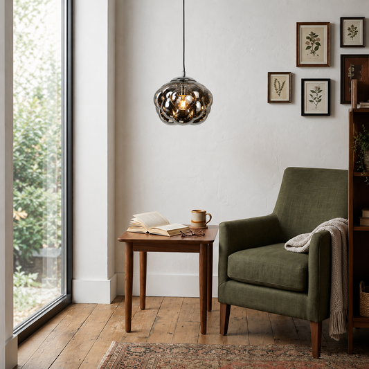 A modern pendant light with a textured, metallic, bubble-like glass shade hangs in a styled living room corner next to a green armchair and a wooden side table.