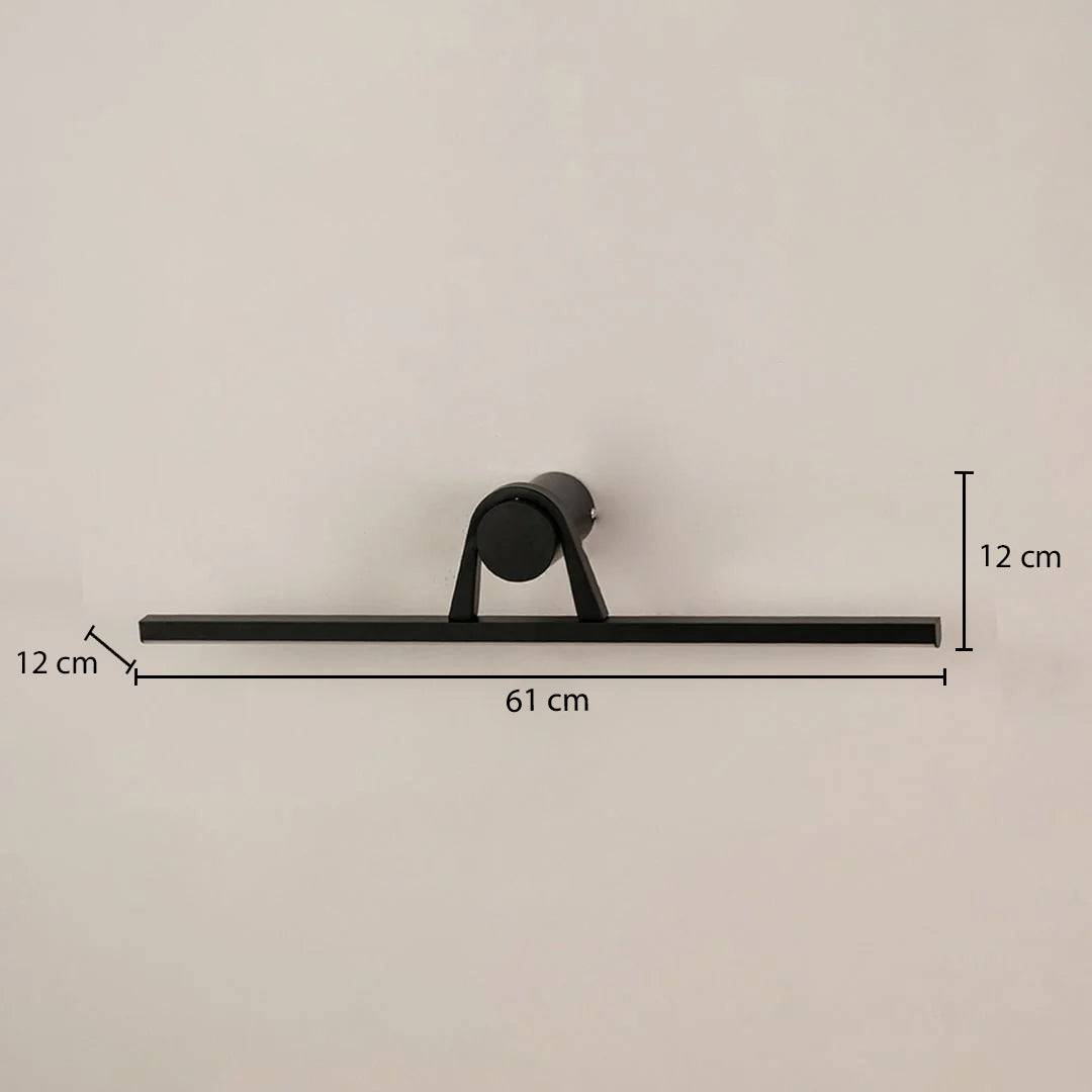 Black metal picture light measuring 61 cm wide and 12 cm high designed for modern artwork and mirror lighting.