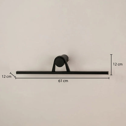 Black metal picture light measuring 61 cm wide and 12 cm high designed for modern artwork and mirror lighting.