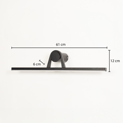 Black metal picture light with 61 cm width 12 cm height and 6 cm projection for accurate wall artwork installation.
