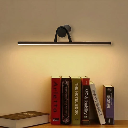 Modern black metal picture light mounted above wall artwork enhancing living room decor with sleek linear illumination.