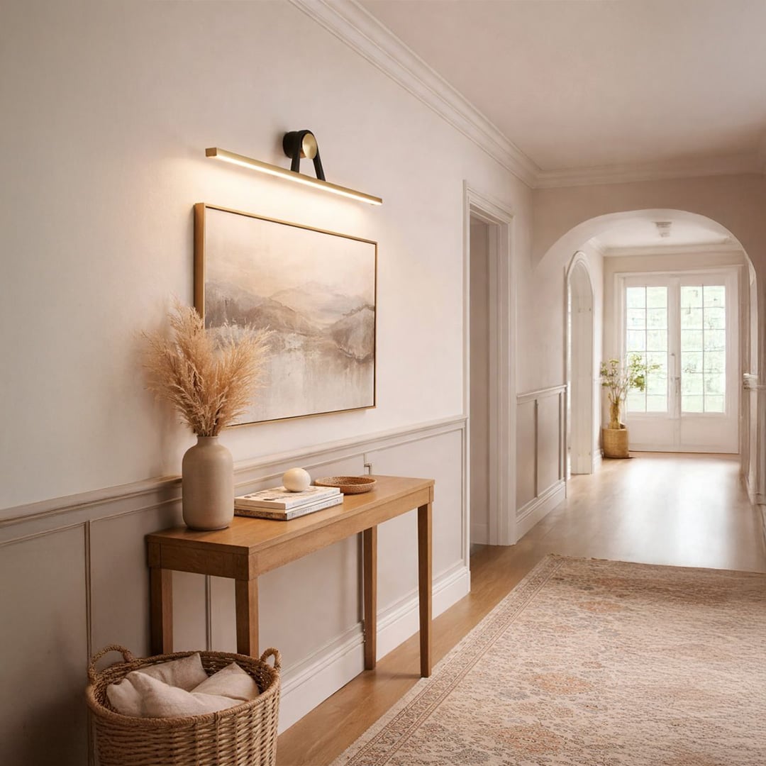 Black and gold metal picture light accentuating wall artwork above console table with warm elegant ambient illumination.