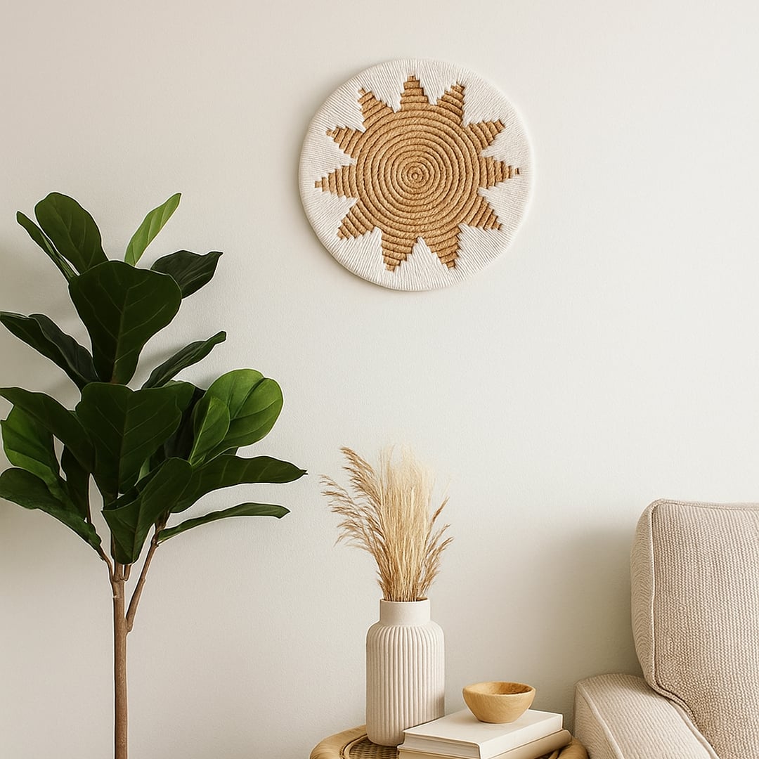 Natural jute and white woven sunburst wall plate decor hanging above a beige sofa with indoor plant styling adding warm organic texture to the room wall.