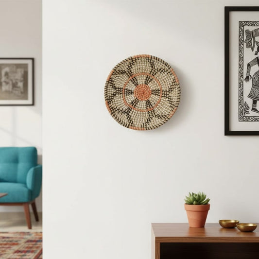 Decorative circular wall art in multicolor pattern mounted above console table adding artistic charm and vibrant style to living room decor.