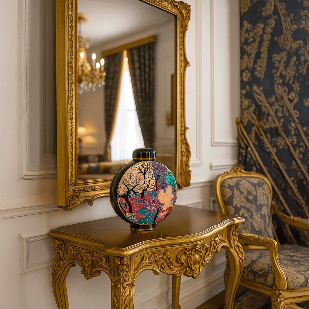 Floral ceramic jar placed on a classic wooden console table adding a refined decorative accent that enhances home décor with a beautiful artistic presence.