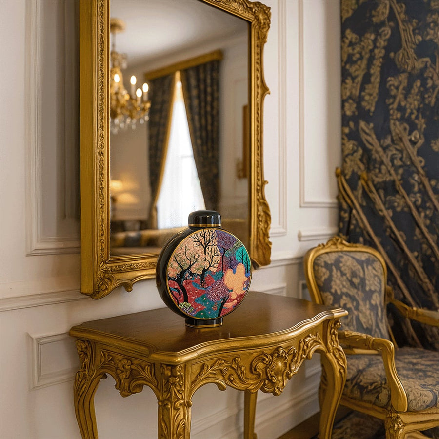 Floral ceramic jar placed on a classic wooden console table adding a refined decorative accent that enhances home décor with a beautiful artistic presence.