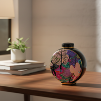 Round ceramic decorative jar with colorful artwork styled on a wooden table for contemporary home decor settings.