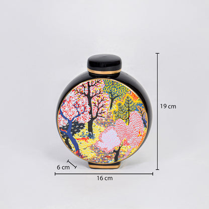 Round ceramic decorative jar with colorful tree artwork showing product dimensions for modern home decor displays.