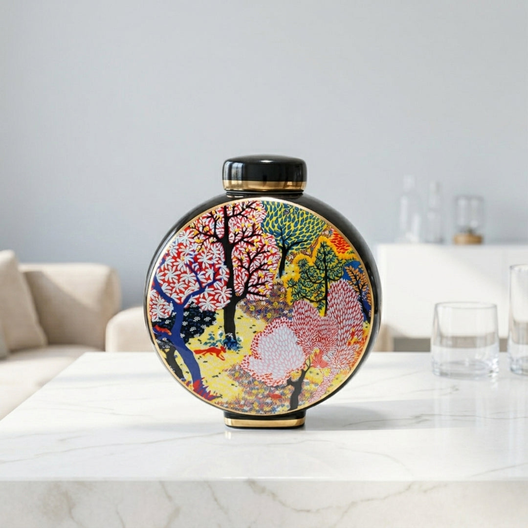 Round ceramic decorative jar with vibrant tree artwork styled on a dining table for contemporary home decor settings.
