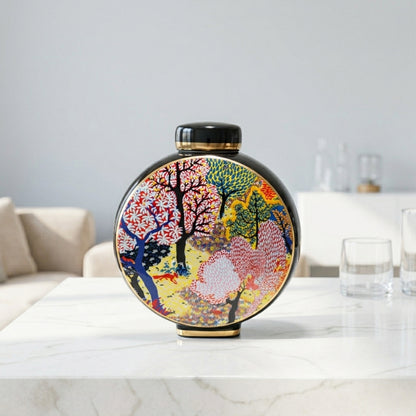 Round ceramic decorative jar with vibrant tree artwork styled on a dining table for contemporary home decor settings.
