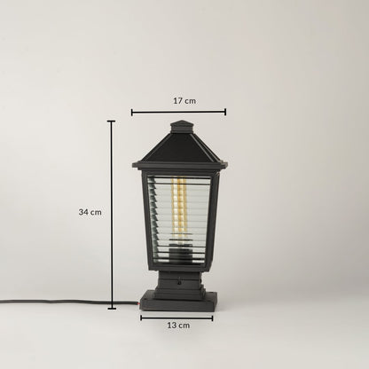 Black outdoor gate light dimension image with 34 cm height and 17 cm width for exterior decor use.