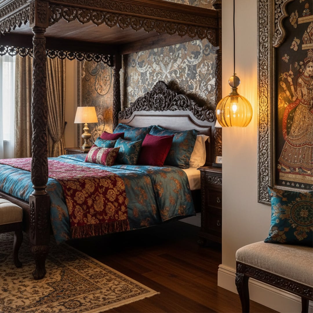 Warm pendant lamp glowing beside luxury bed adding cozy ambience rich textures and elegant mood to stylish bedroom Decor.