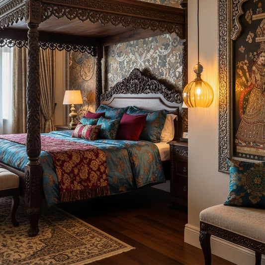 Warm pendant lamp glowing beside luxury bed adding cozy ambience rich textures and elegant mood to stylish bedroom Decor.