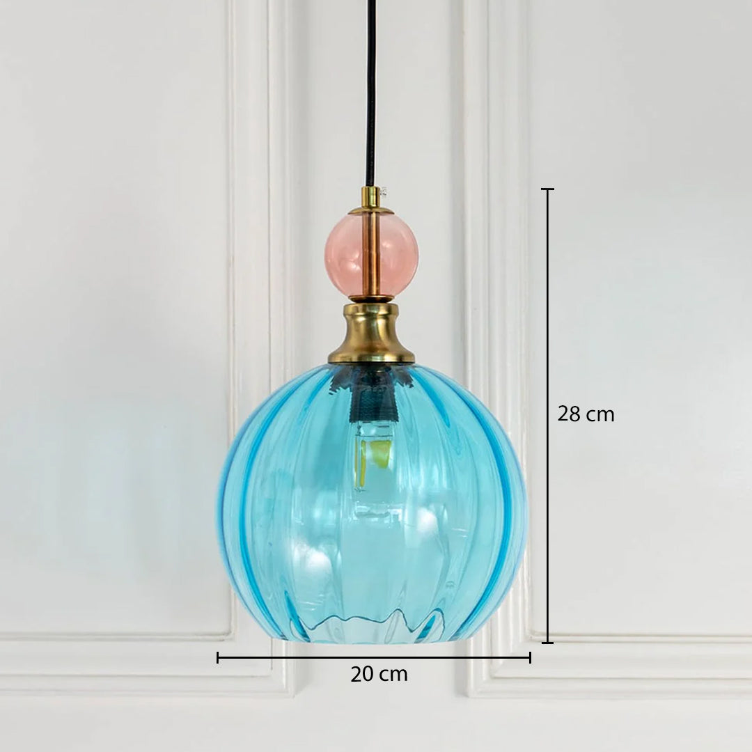 Dimension image of blue ribbed glass pendant light with pink accent and brass details showing 26 cm height and 20 cm width.