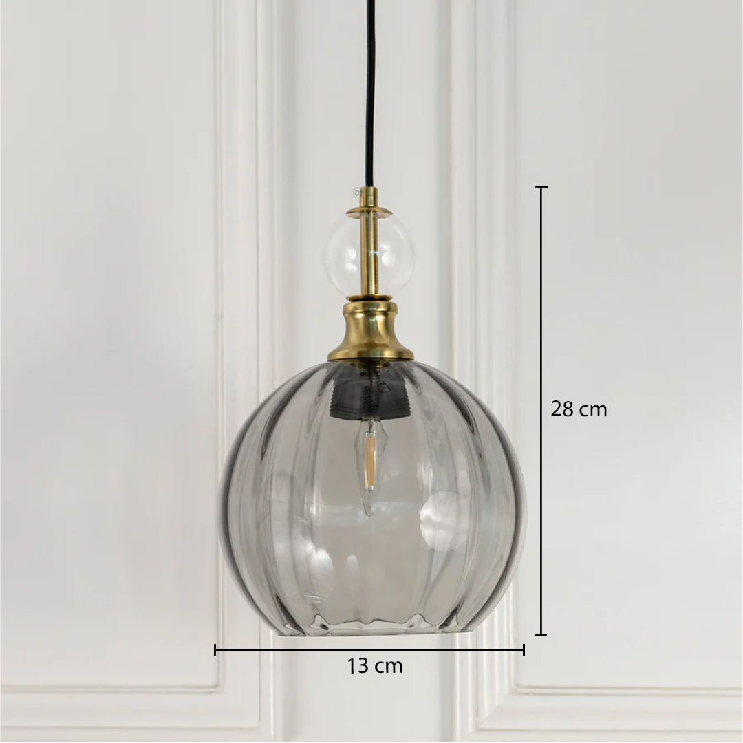 Dimension image of smoked grey ribbed glass pendant light with brass accents showing 26 cm height and 13 cm width.