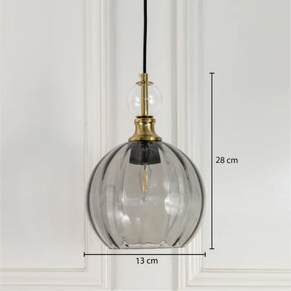 Dimension image of smoked grey ribbed glass pendant light with brass accents showing 26 cm height and 13 cm width.