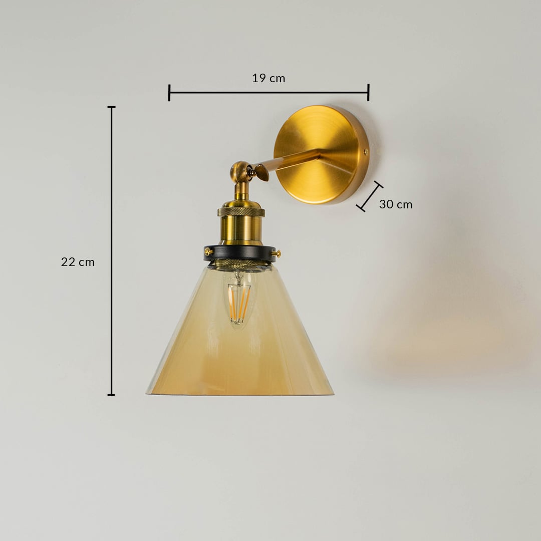 Gold metal glass wall light with 22 cm height 19 cm width and 12 cm depth for modern decor spaces.