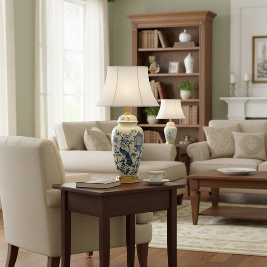 Ceramic table lamp with blue patterned base and fabric shade placed on wooden side table adding elegant lighting to living room decor.