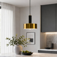 White glass and brass metal pendant light adding warm sophistication to modern kitchen interiors.