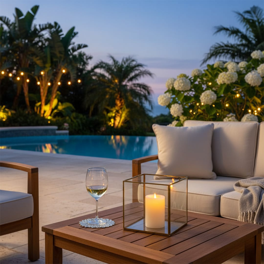 Outdoor seating by pool styled with candle lanterns cushions and tableware creating cozy evening ambience for luxury home Decor.