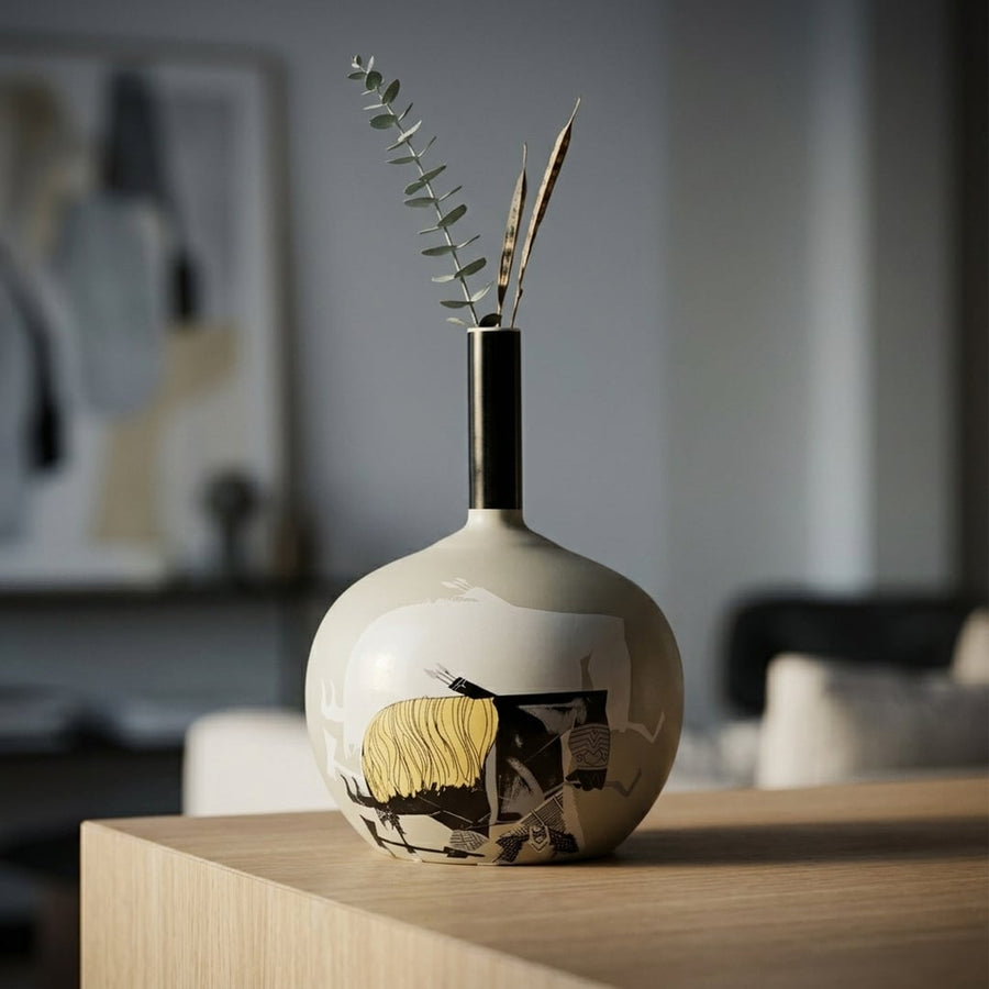 Multicolor ceramic flower vase placed on wooden table modern decorative vase for living room console table home decor styling.