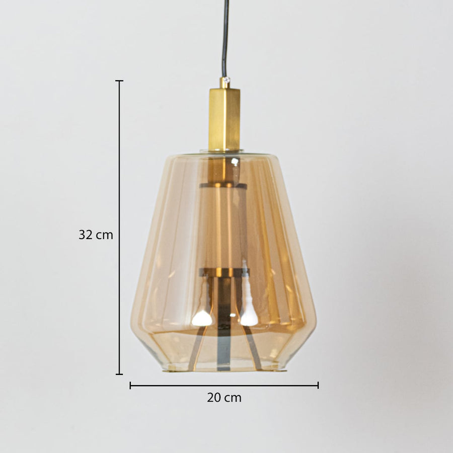 Amber glass and gold metal pendant light dimension image with 20 cm width and 32 cm height for luxury bedside placement.