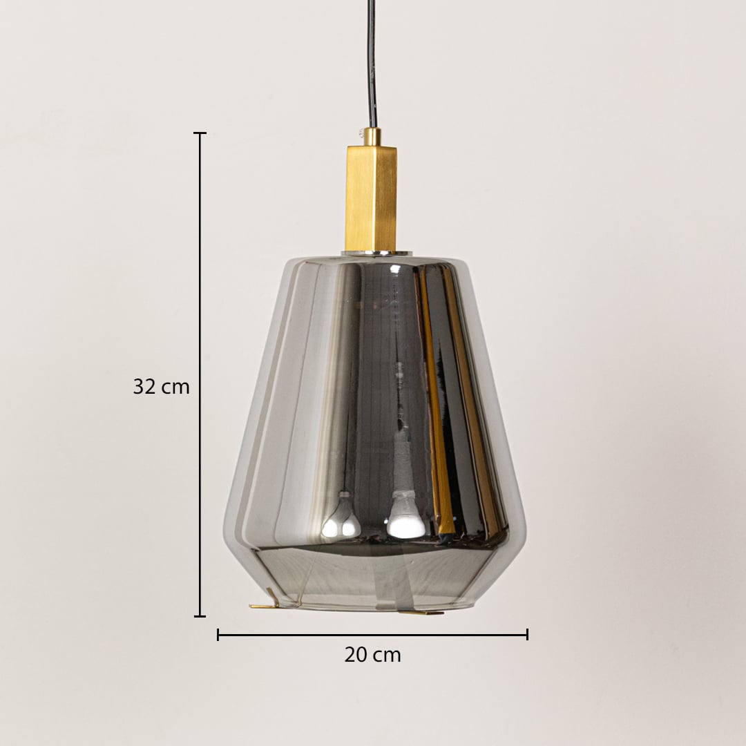Smoky glass and gold metal pendant light dimension image with 20 cm width and 32 cm height for contemporary bedside placement.