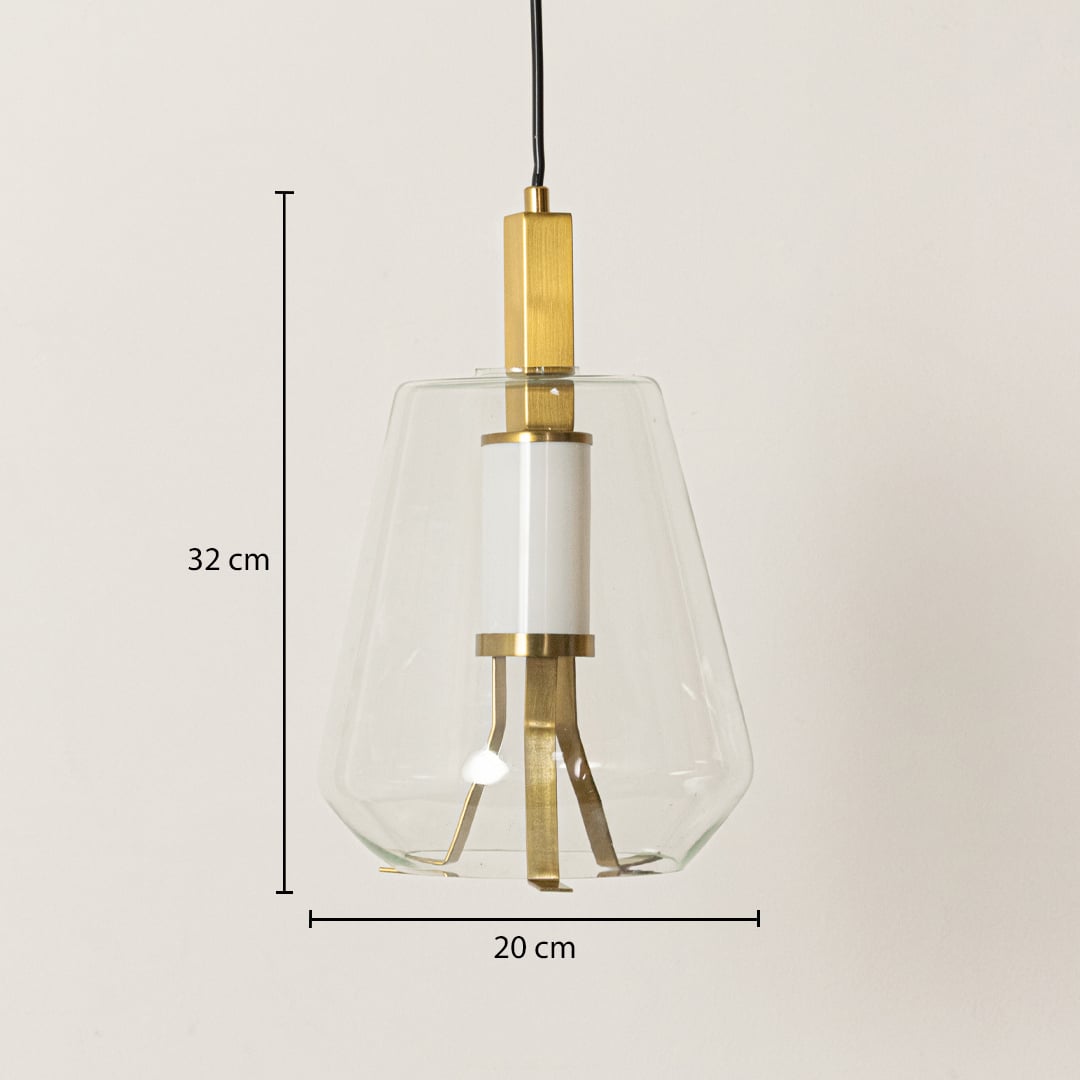 Clear glass and gold metal pendant light dimension image with 20 cm width and 32 cm height for luxury bedside placement.