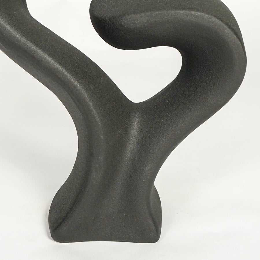 Close up view black abstract sculpture showing smooth curved form matte finish modern artistic decor accent.