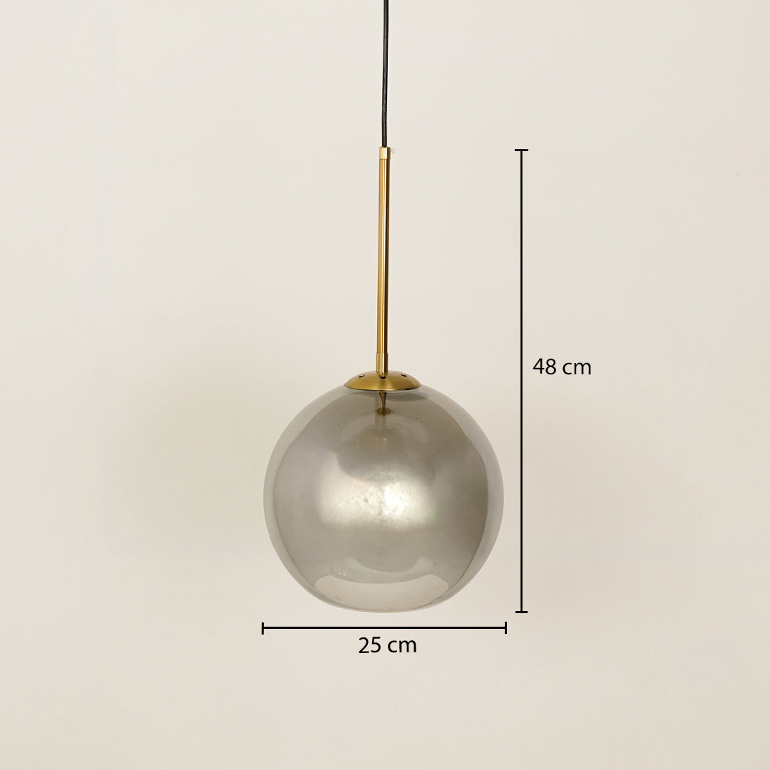 Smoked glass globe pendant light with gold suspension rod and size details for ceiling decor.