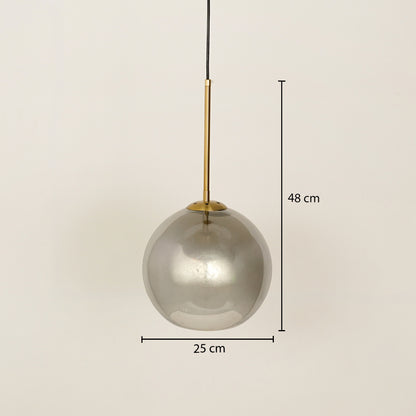 Smoked glass globe pendant light with gold suspension rod and size details for ceiling decor.