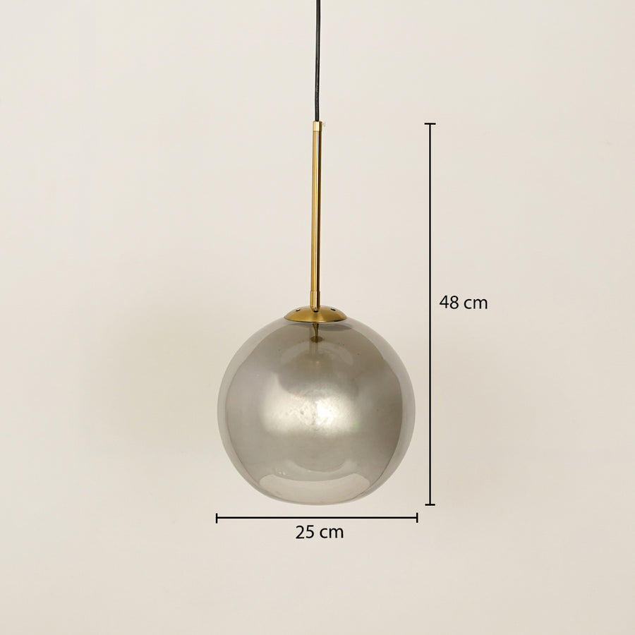 Smoked glass globe pendant light with gold suspension rod and size details for ceiling decor.