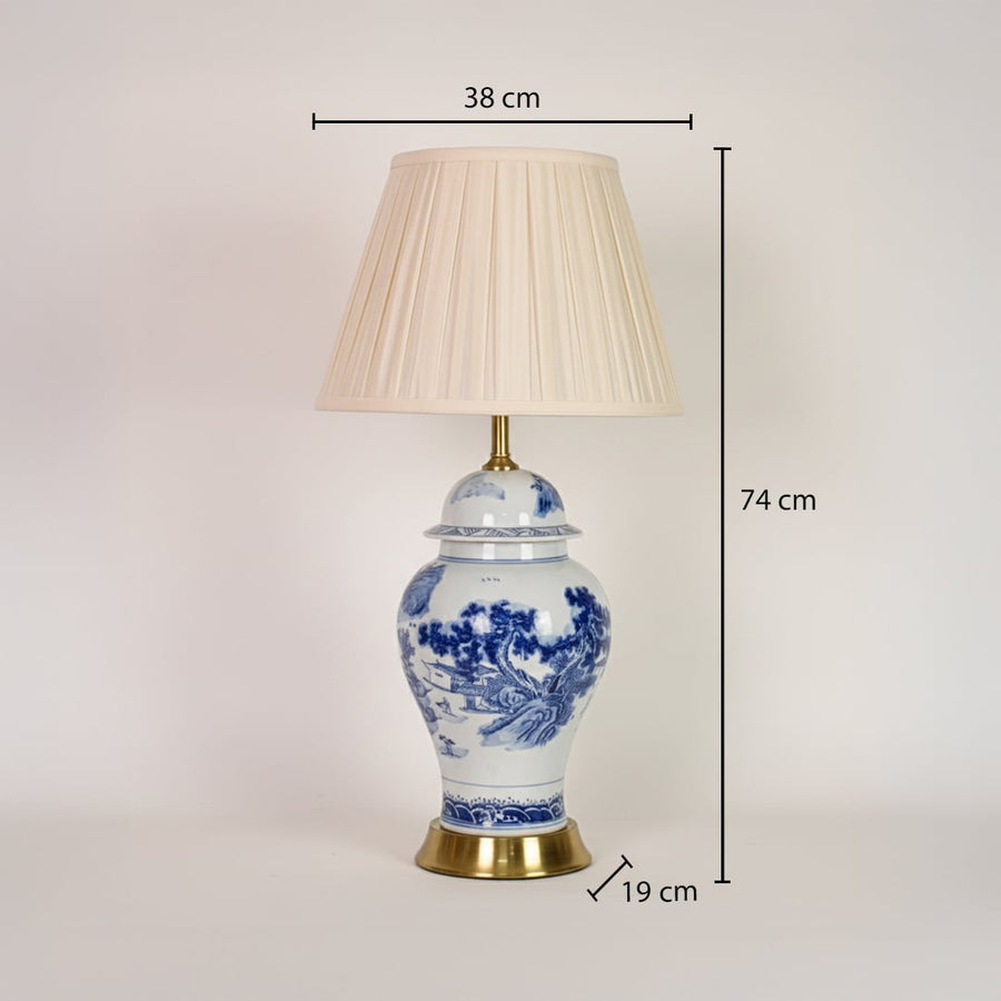 Ceramic table lamp with pleated shade showing 74 cm height 38 cm shade width and 19 cm base diameter for interior placement.