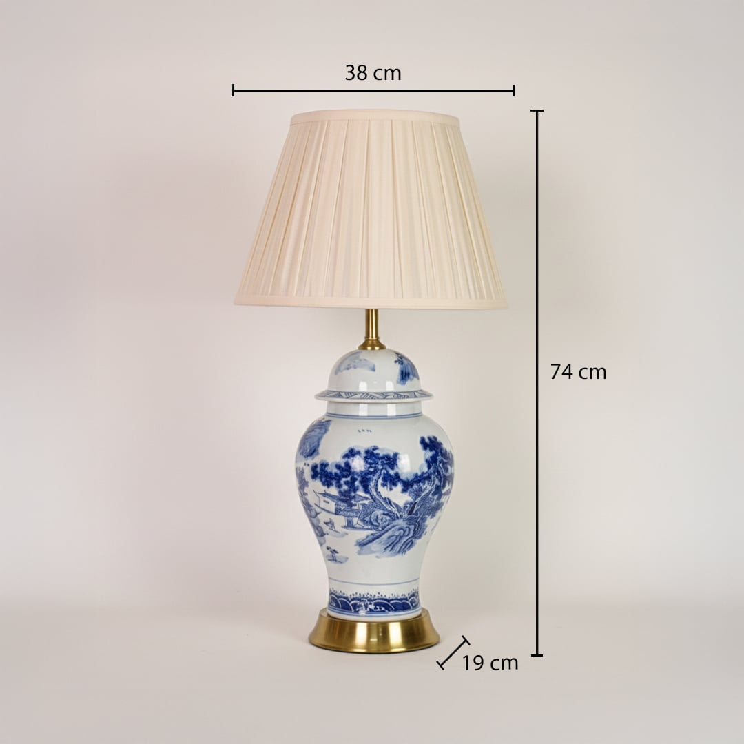 Ceramic table lamp with pleated shade showing 74 cm height 38 cm shade width and 19 cm base diameter for interior placement.