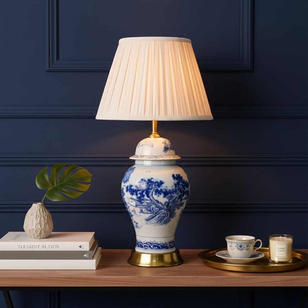 Blue and white ceramic table lamp with pleated fabric shade styled on console table creating elegant classic living room lighting.