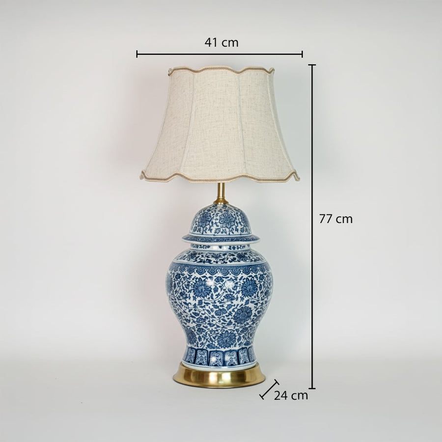Blue white ceramic table lamp showing 77 cm height 41 cm shade width and 24 cm base size for floor or console use.