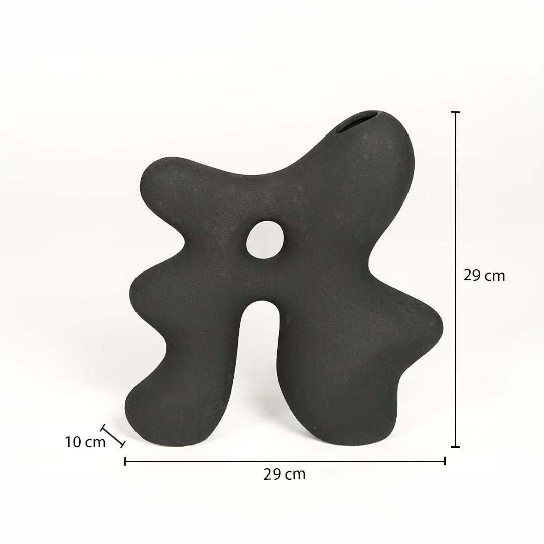 Dark grey ceramic abstract vase 29 cm height 29 cm width ideal for shelf and tabletop decor placement.