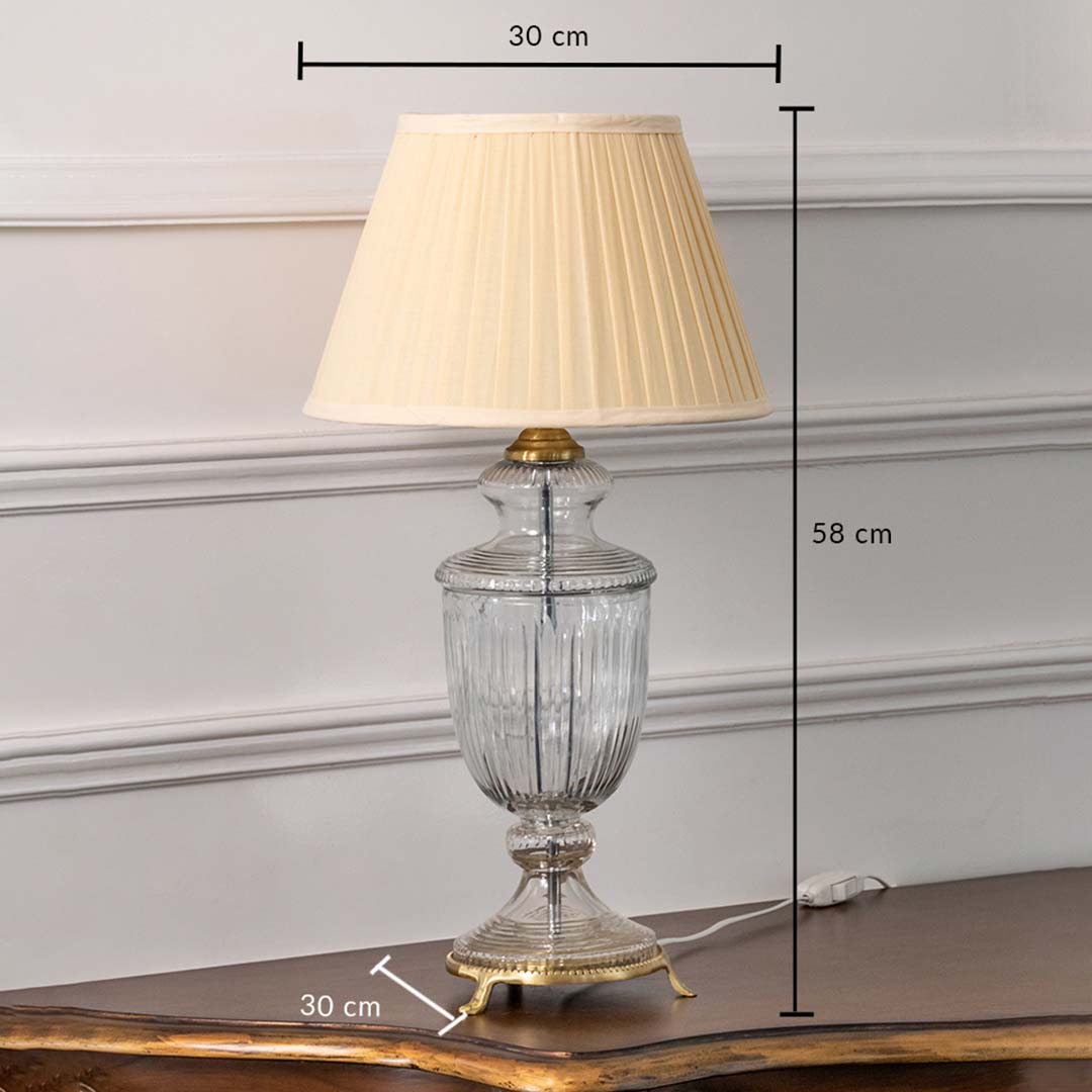 Clear etched glass table lamp with pleated fabric shade measuring 68 cm height and 30 cm width for classic interiors.