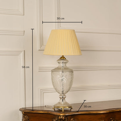 Clear etched glass table lamp with pleated fabric shade measuring 58 cm height and 30 cm width for elegant interiors.