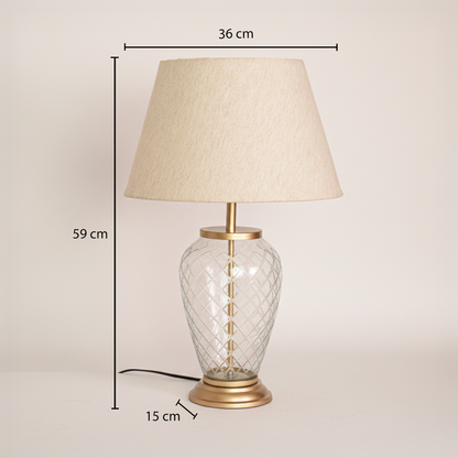 Gold metal table lamp measuring 50 cm height and 36 cm width for elegant bedroom lighting decor placement.
