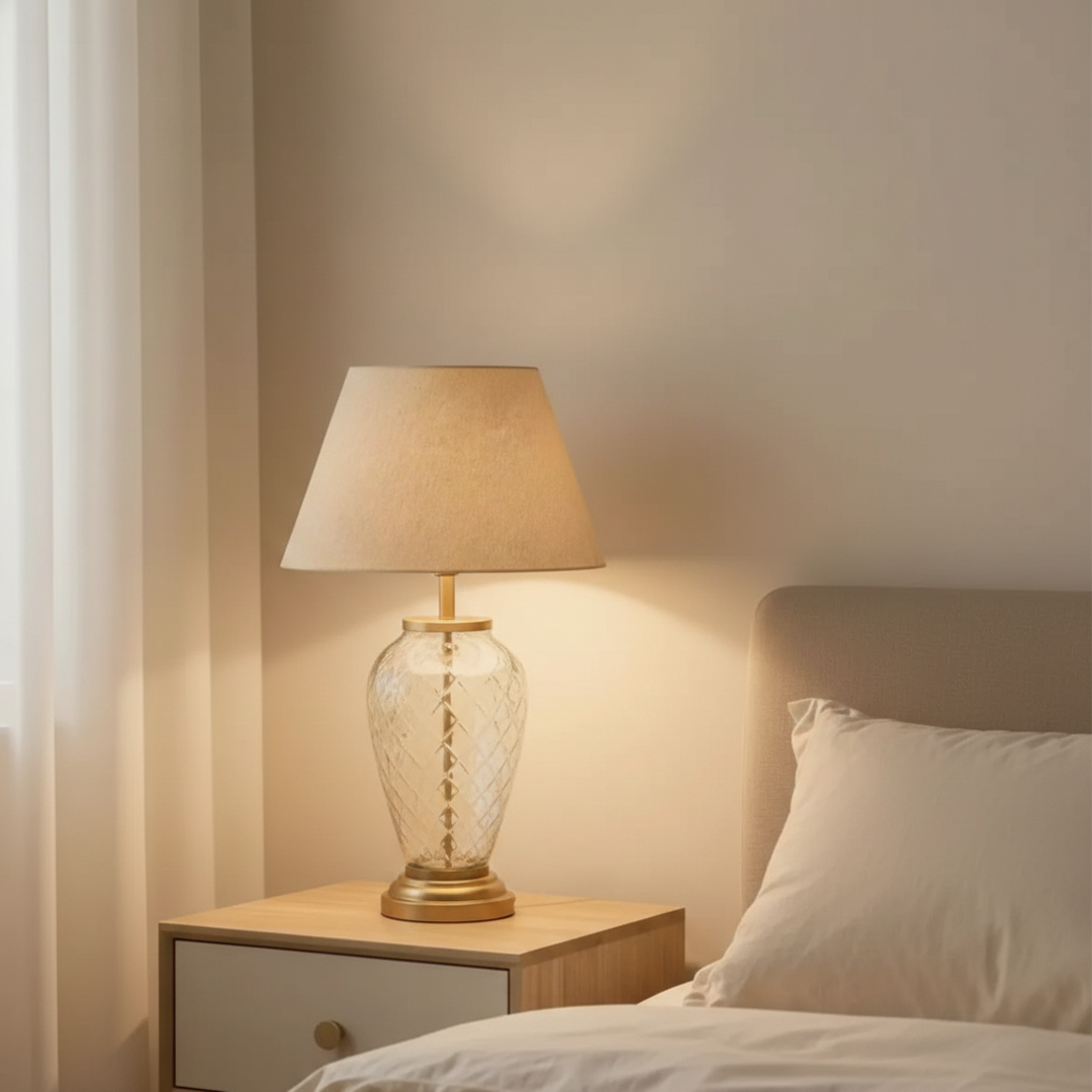 Gold metal table lamp with crystal glass base and fabric shade for elegant modern bedroom lighting decor.